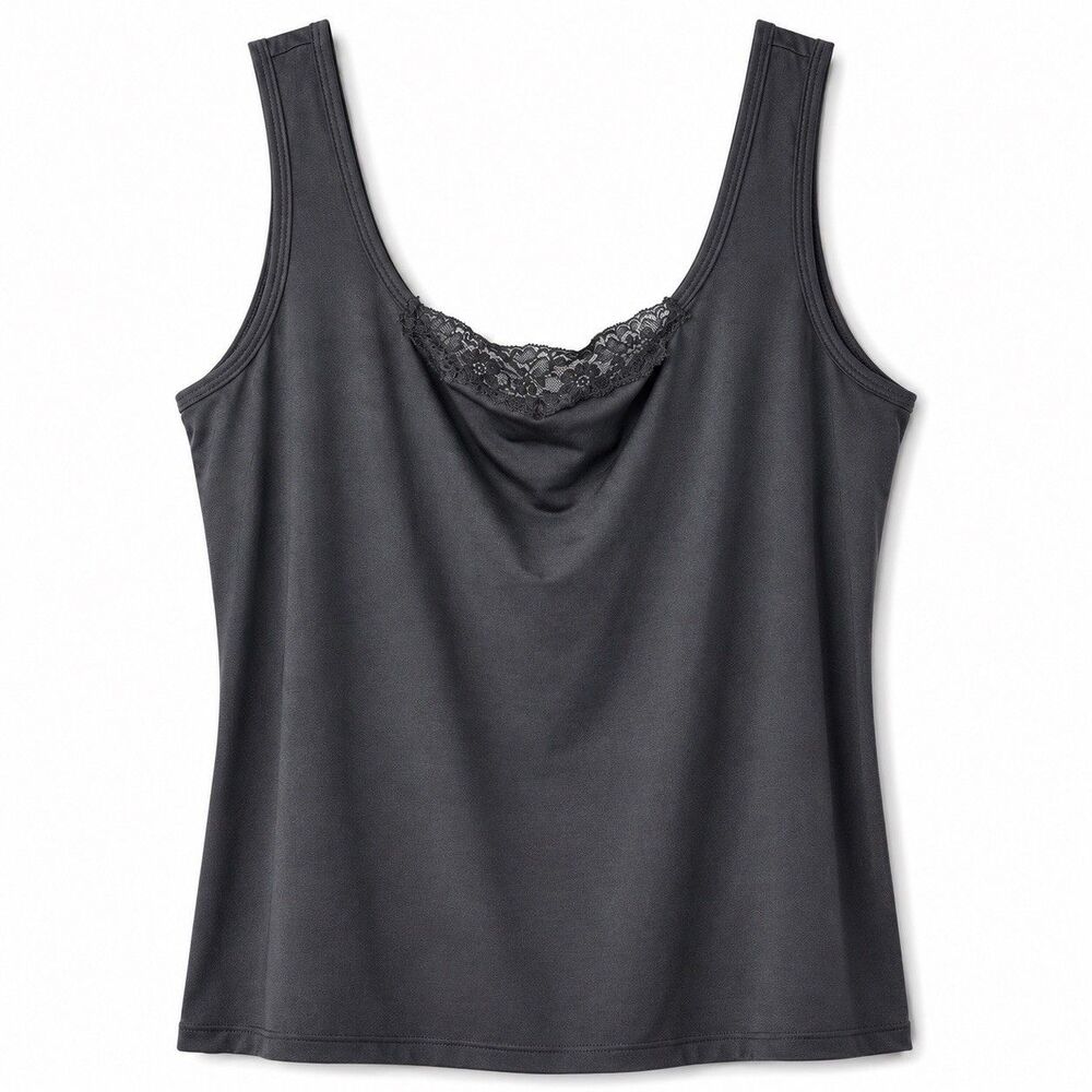 Jones New York Womens XL Gray Sleeveless Tank Top Lace Trim Stretch Y2K Casual
